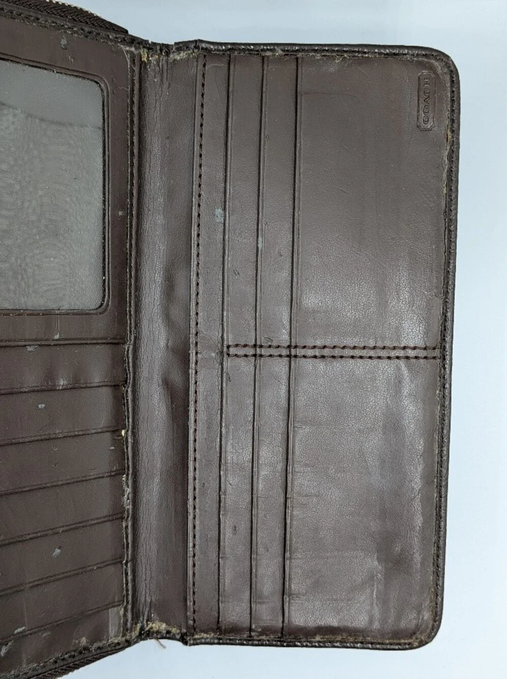 Coach Signature C Jacquard Canvas Patent Leather Zip Around Folding Wallet Dark